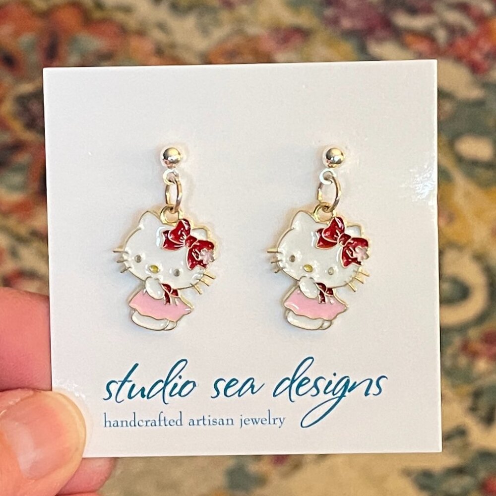 Hello Kitty Sterling Silver Earrings-Pink Dress Hello Kitty Earrings-New!
